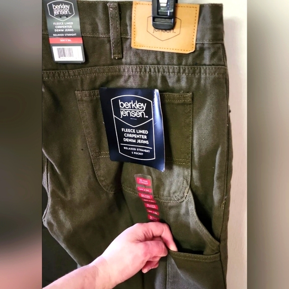 Mens Olive Green Fleece Lined Carpenter Denim Jeans Relaxed Straight Leg 36w×34L - Picture 7 of 11